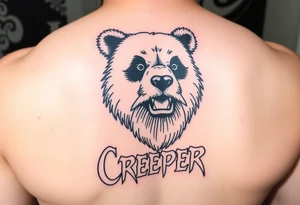 Wrestler, bass playing, tattooed, mustache, bearded panda bear with a septum piercing  and the word creeper in metal band font tattoo idea