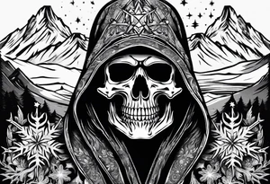 Grime reaper with snow flake and mountains tattoo idea