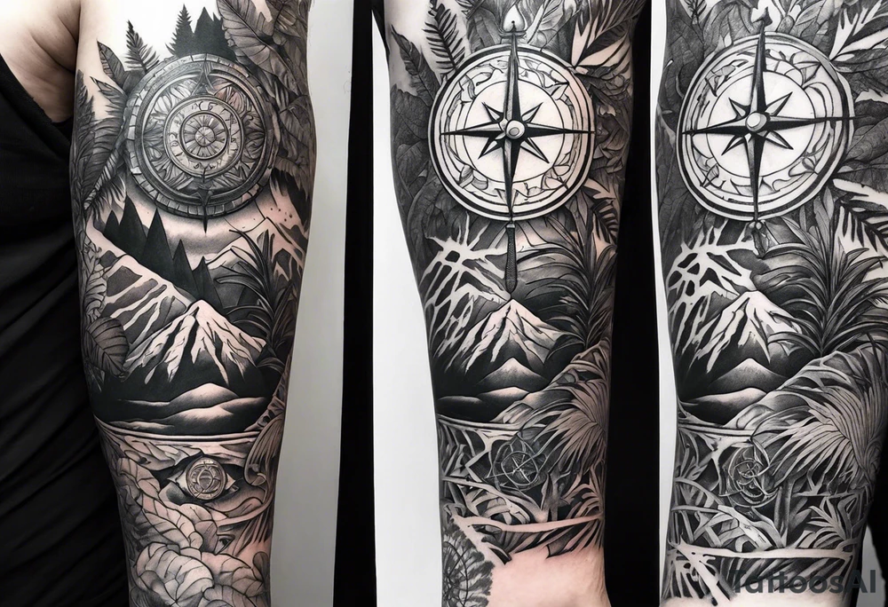 arm sleeve tattoo with Viking compass and all-seeing eye surrounded by jungle plants tattoo idea