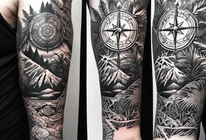 arm sleeve tattoo with Viking compass and all-seeing eye surrounded by jungle plants tattoo idea