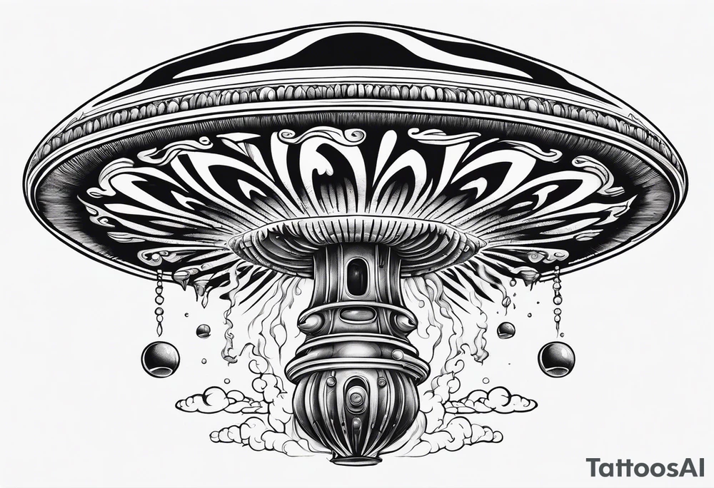 Psychedelic mushroom rocketship with fire coming out the bottom bursting out of bubble into spiritual realm tattoo idea