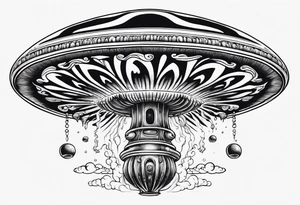 Psychedelic mushroom rocketship with fire coming out the bottom bursting out of bubble into spiritual realm tattoo idea