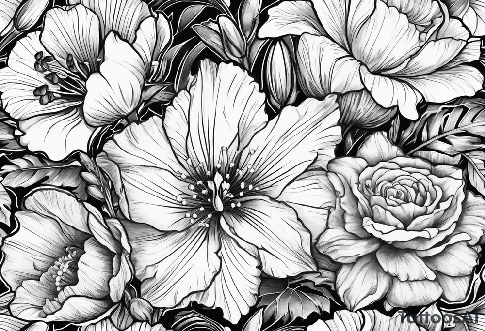 Carnation,rose,daffodil,waterlilly,gladiolus,morning glory,marigold,holly,daisy bouquet tattoo idea