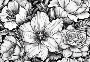 Carnation,rose,daffodil,waterlilly,gladiolus,morning glory,marigold,holly,daisy bouquet tattoo idea