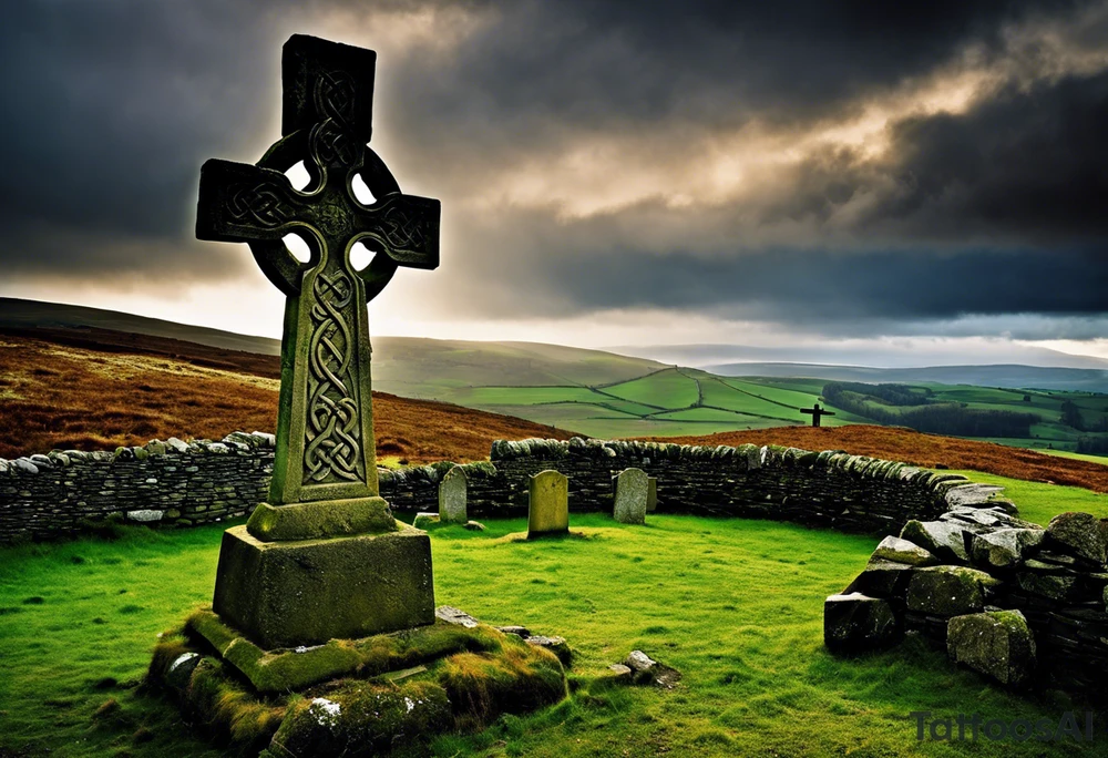 A weathered and aged stone Celtic cross, standing alone in melancholic silence at the base of a ruined stone wall. The cross, with its intricate knotwork and spiral designs, seems to stand as a testament to a forgotten past. Its surface is etched with time, bearing the scars of countless storms and harsh elements. The base of the cross is engraved with the name of a long-forgotten priest or noble, now reduced to little more than illegible scratches. The ruined stone wall behind it stretches out in all directions, covered in moss and lichen, with only a few crumbling sections still standing tall. The remnants of a graveyard can be seen beyond the wall, with overgrown headstones and unkempt grasses swaying in the gentle breeze. The sky above is cloudy and ominous, casting a pale gray light over the scene, adding to the air of melancholy that pervades the image. The wind whispers through the stones, rustling the leaves of a few remaining trees and causing the stone cross to creak and groan softly, as if it too were alive and mourning the loss of its past. tattoo idea
