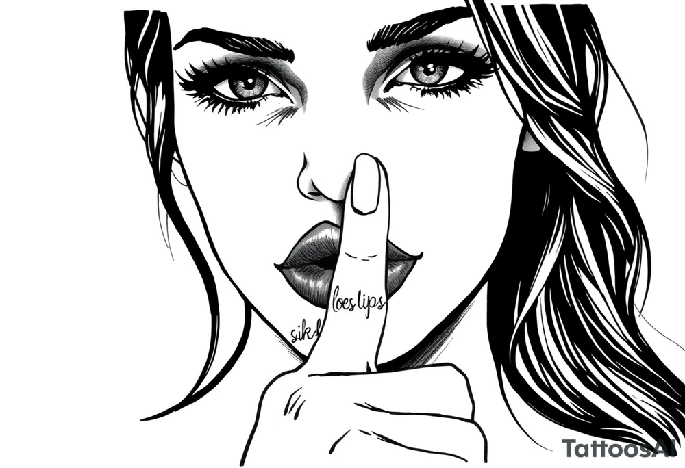 realistic portrait of sexualised woman with her finger to her lips. Must say on her finger: Loose lips sink ships tattoo idea