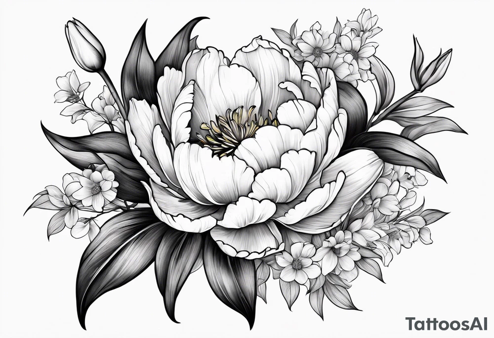 One flower of Peony, tulip, sunflower, cherry blossom and Lily bouquet tattoo idea