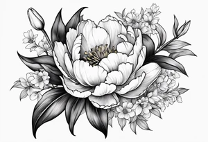 One flower of Peony, tulip, sunflower, cherry blossom and Lily bouquet tattoo idea