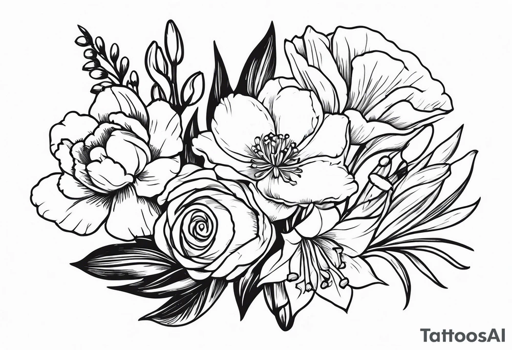 Bouquet
with 1 snowdrop 2 carnations 1 rose 1 lily of the valley 1 daffodil 1 peony tattoo idea