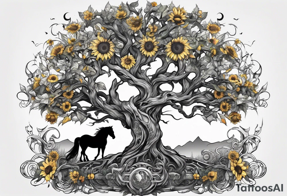 Yggdrasil tree, horse in front of it, and sunflowers tattoo idea