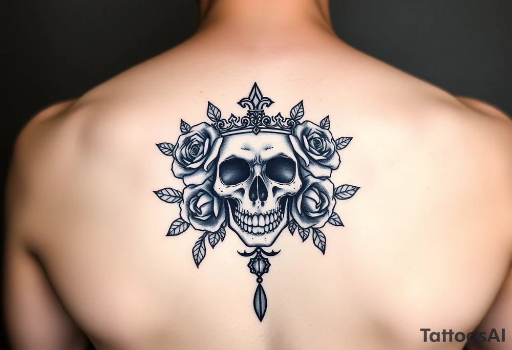 Bold vibrant gothic elegant skull with roses and crown with glow and lace drop tattoo idea