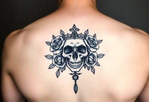 Bold vibrant gothic elegant skull with roses and crown with glow and lace drop tattoo idea
