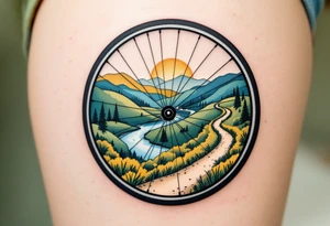 A landscape inside a bike wheel, with rolling hills, a flowing river, and a winding trail, colored in soft greens, blues, and warm yellows. tattoo idea