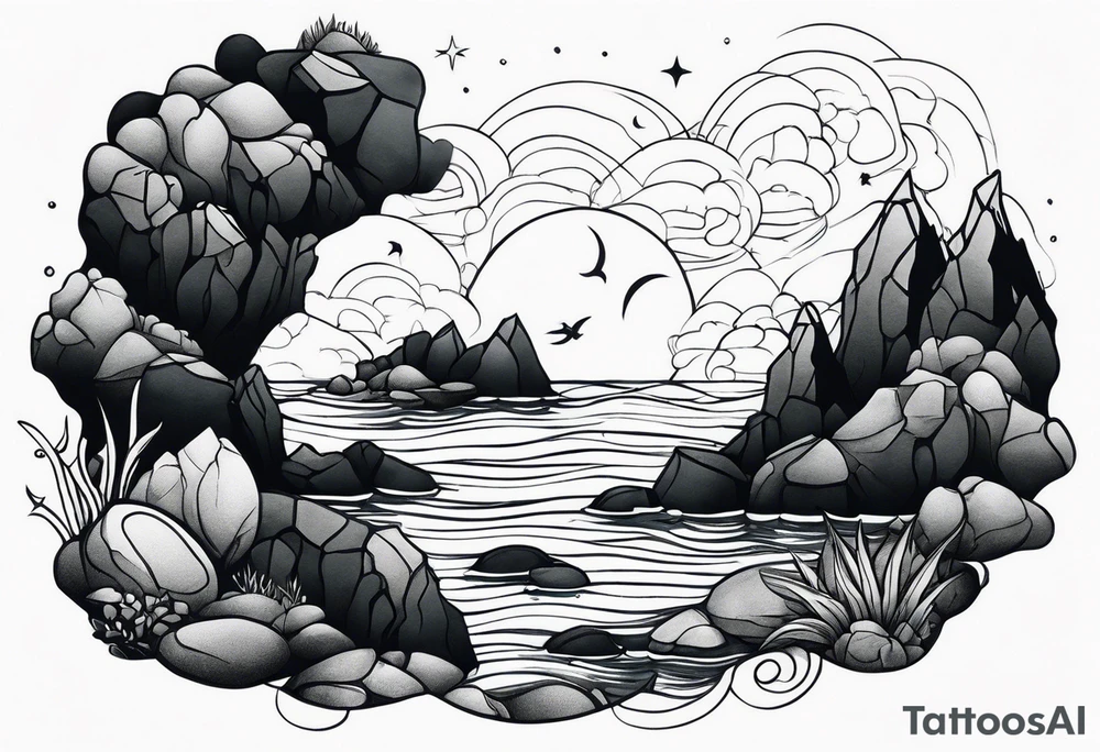 Ocean and rocks at night tattoo idea