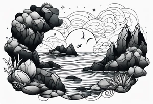 Ocean and rocks at night tattoo idea