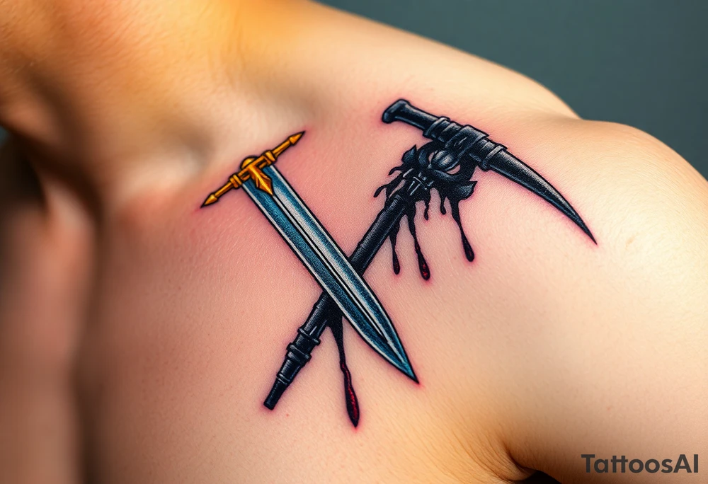 A brilliant sword with a golden hilt, sparkling with rays of light, clashing against a dark, menacing scythe, dripping with black mist and dark crimson blood, creating a dynamic contrast between hope and despair tattoo idea