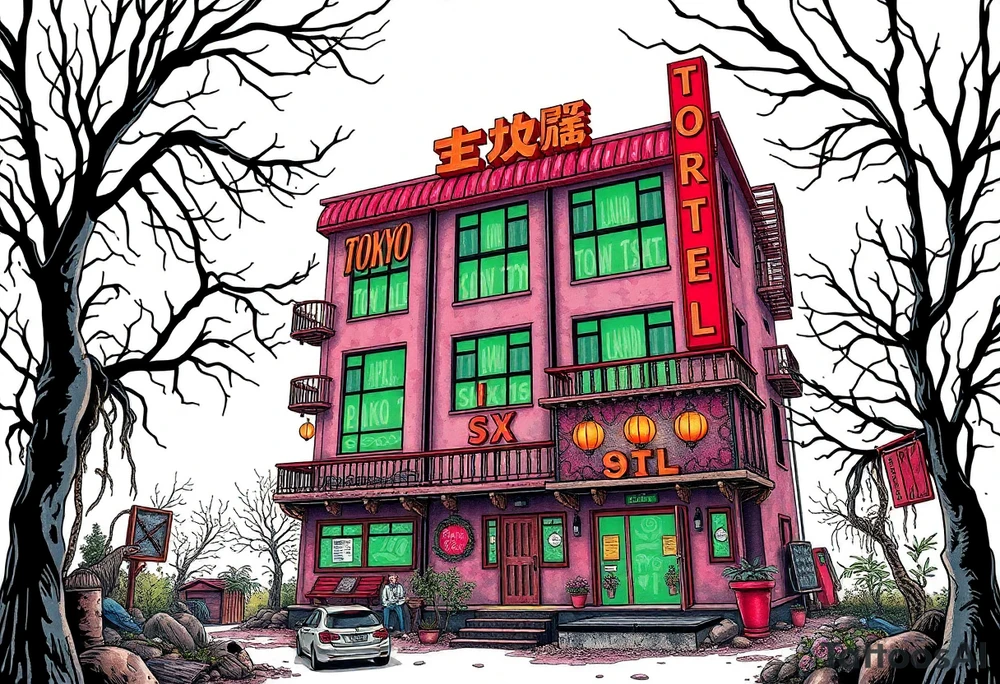 Tim Burton’s Tokyo sex hotel from outside viewis abandoned and dripping with muted reds, dusty pinks, and eerie green glow. tattoo idea tattoo idea
