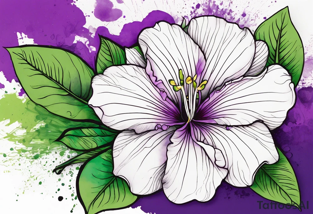 An outline of a rio dipladenia flower with a green and purple watercolor splash in the background tattoo idea