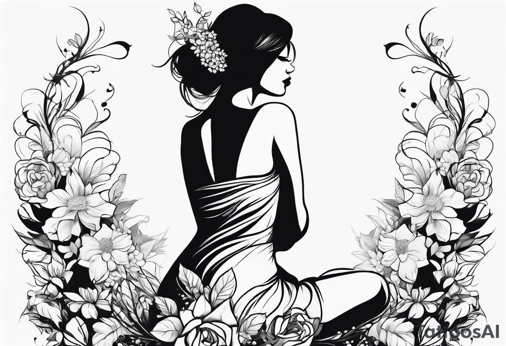 silhouette of a girl with a flower head, kneeling tattoo idea