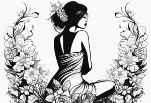 silhouette of a girl with a flower head, kneeling tattoo idea