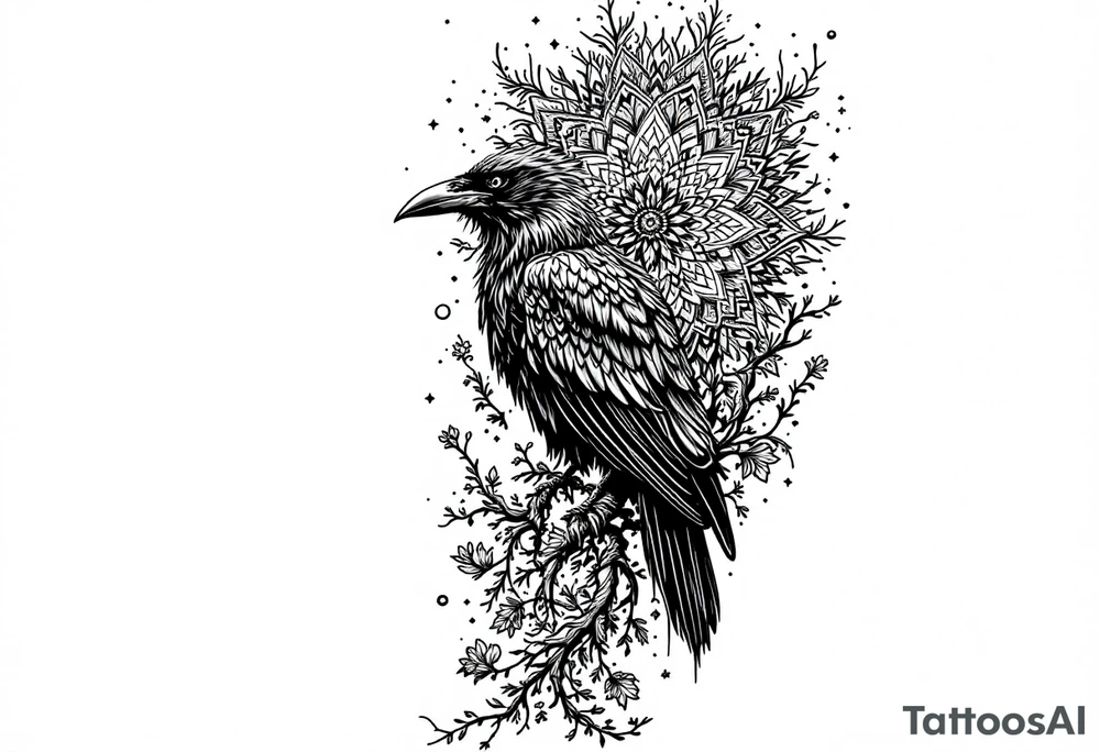 left arm tattoo of a raven on a branch surrounded by mandala tattoo idea