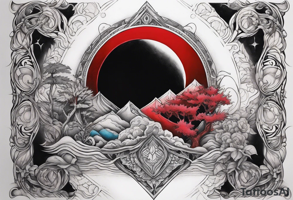 eclipse, vibrant colors (reds and blacks), dark fantasy tattoo idea