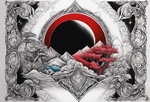eclipse, vibrant colors (reds and blacks), dark fantasy tattoo idea