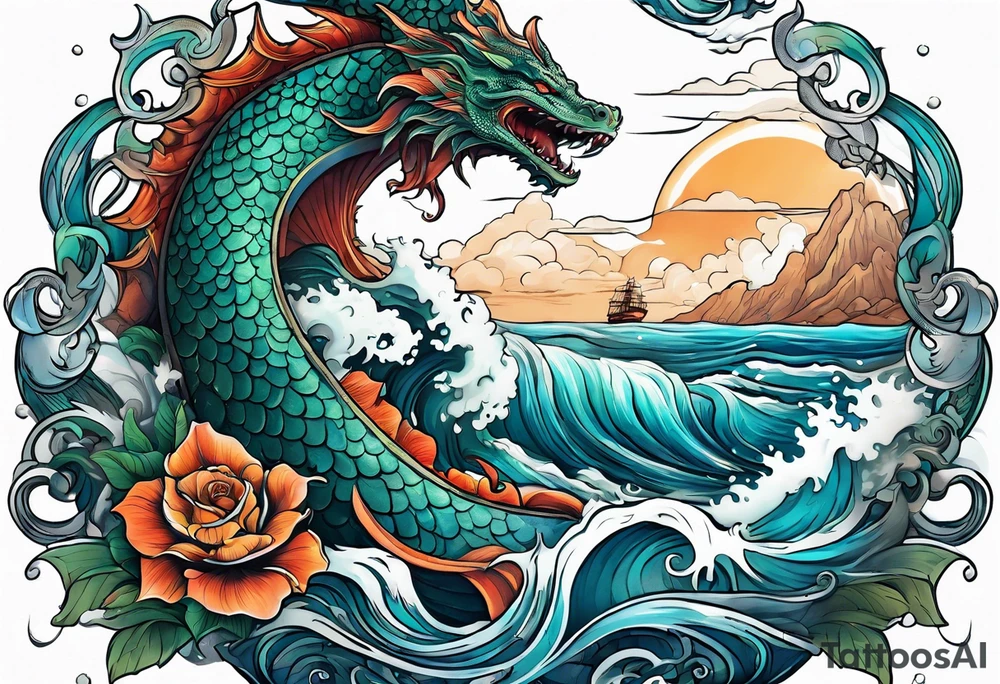 Thigh tattoo of a sea monster wrapped around Neptune the Greek god with waves tattoo idea