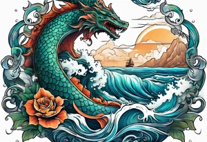 Thigh tattoo of a sea monster wrapped around Neptune the Greek god with waves tattoo idea