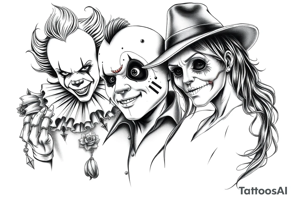 Pennywise, Freddy Krueger, Michael Meyers, jason voorhees, and chucky tattoo idea