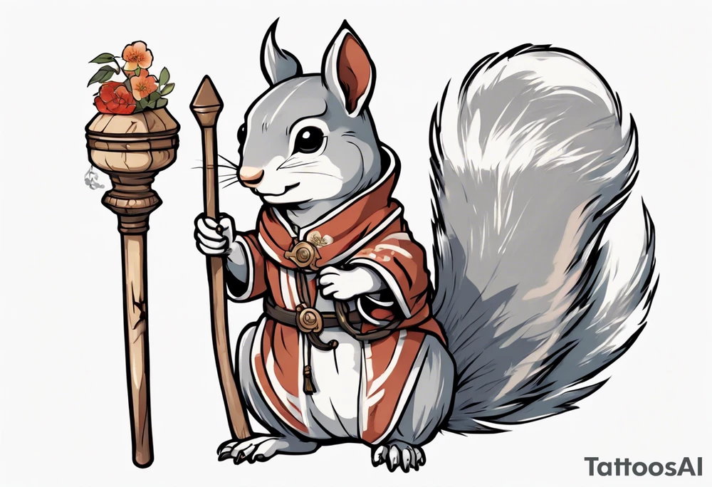 a grey squirrel dressed in a medieval tunic holding a white staff tattoo idea