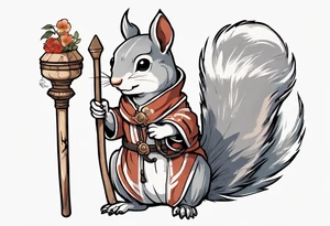 a grey squirrel dressed in a medieval tunic holding a white staff tattoo idea