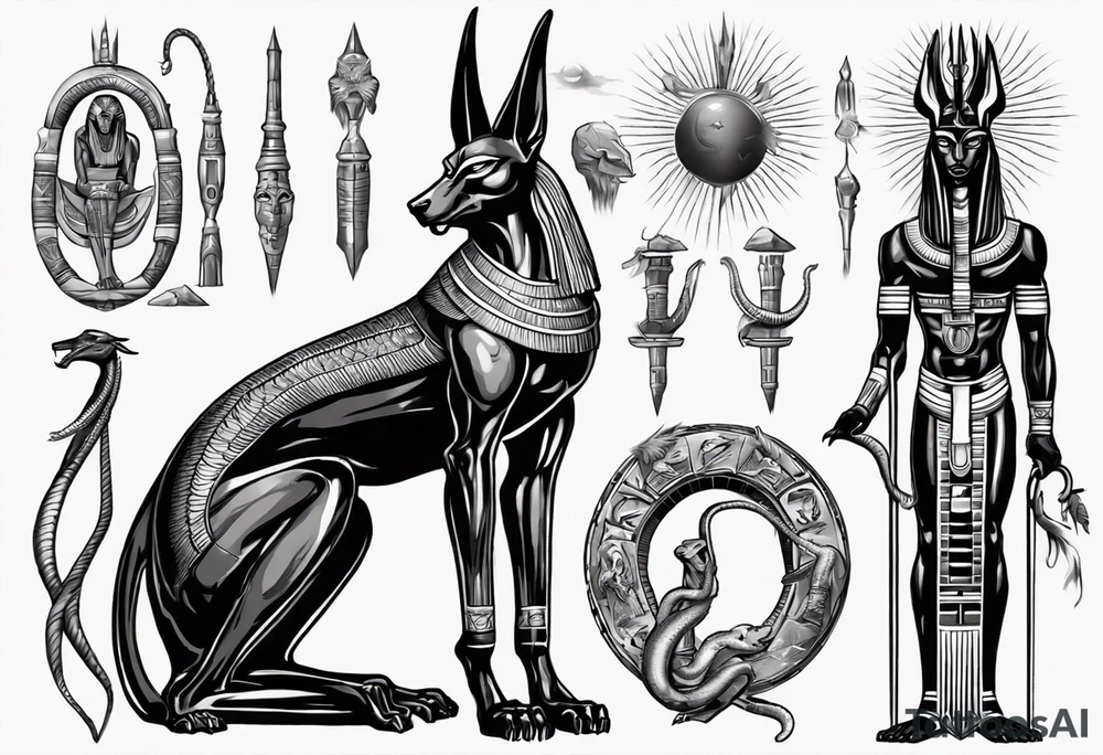 Egyptian god Anubis with snakes next to him in the desert tattoo idea