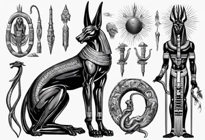 Egyptian god Anubis with snakes next to him in the desert tattoo idea