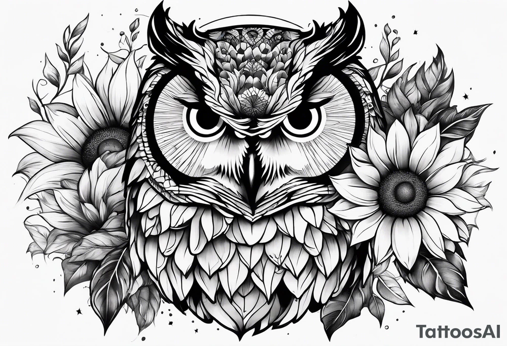 Owl and sunflower sleeve tattoo idea
