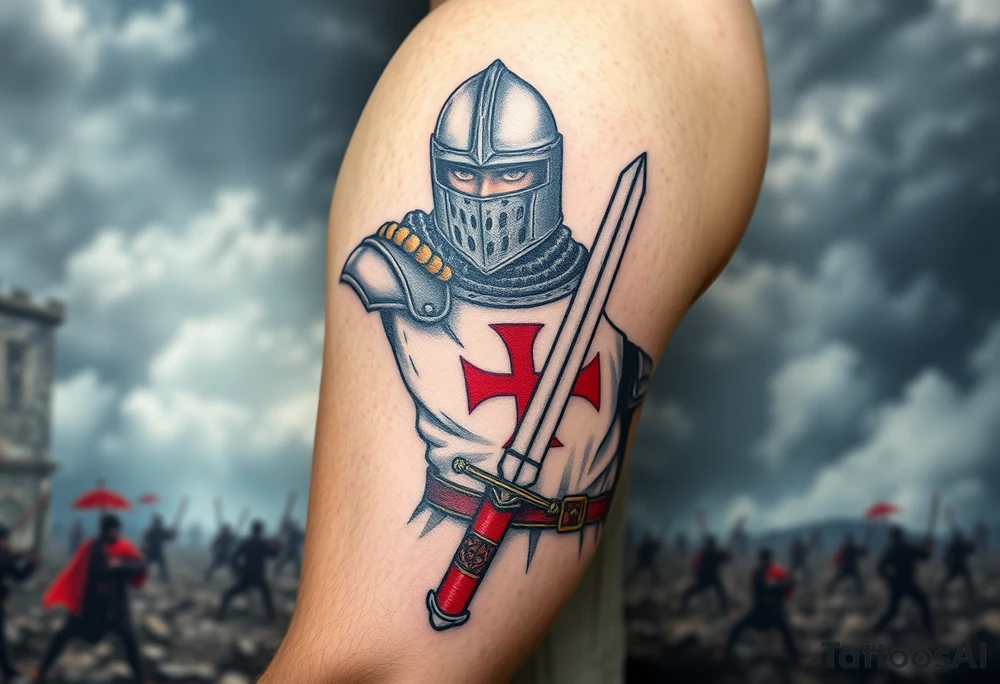 A fierce Templar knight in full armor, gripping a longsword, with a red cross emblazoned on his white tunic, standing against a stormy battlefield. tattoo idea