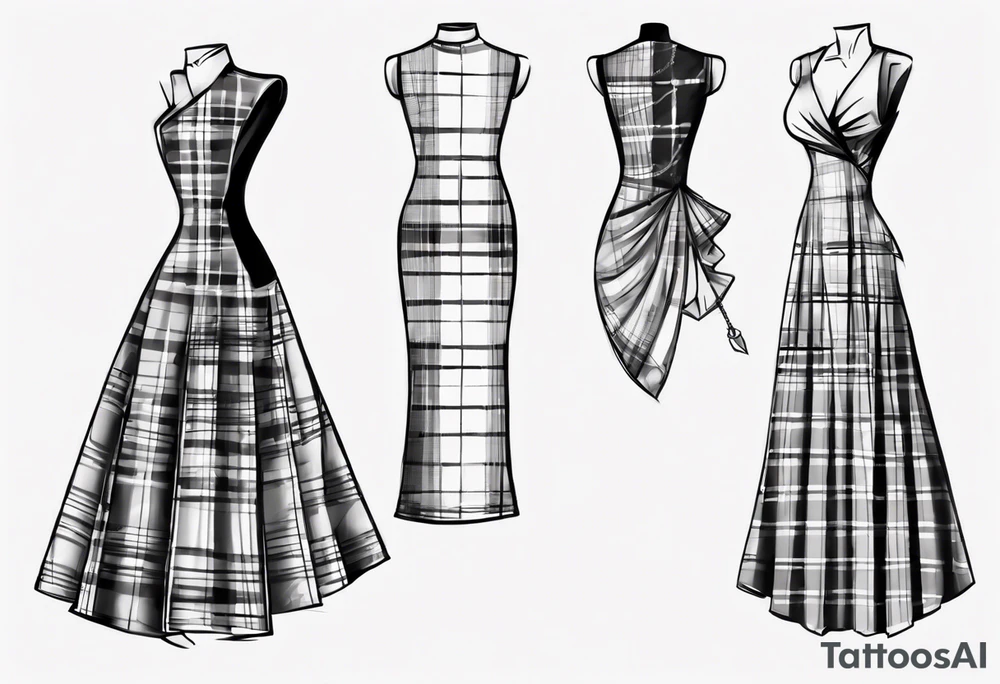 sketch of a tartan dress tilted to the left
 on a tailor's model tattoo idea