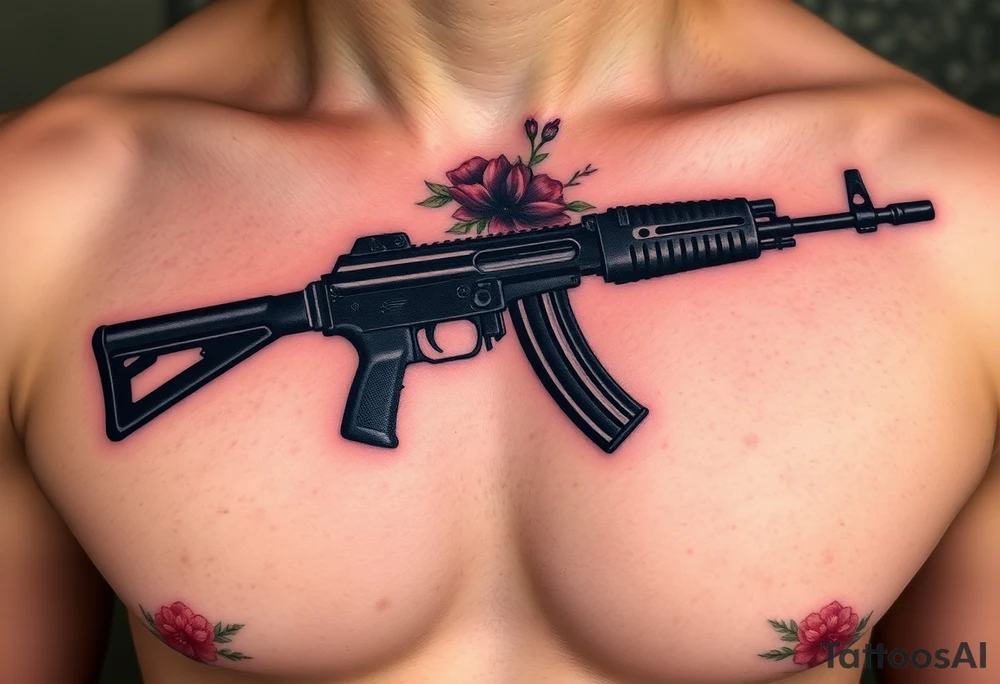 ak 47 black silhouette with floreal details tattoo idea