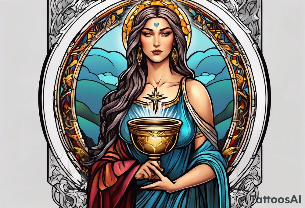 holy saint woman with halo holding a chalice tattoo idea