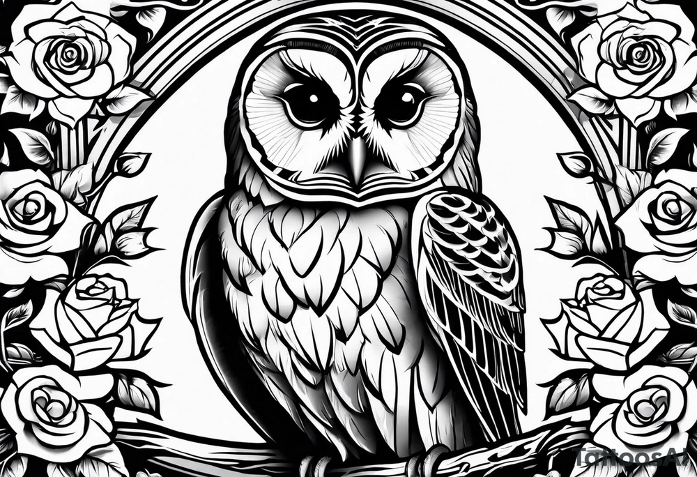 Barred owl with a single rose tattoo idea