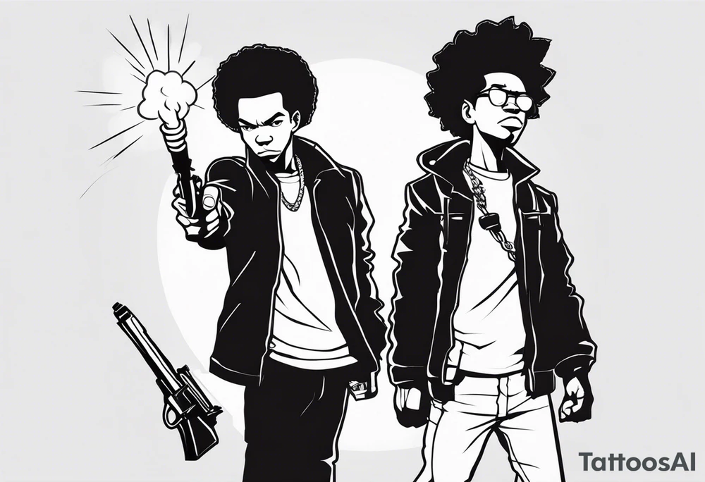 huey and riley from the boondocks, cartoon tv, huey holding a torch with his fist up and riley holding a gun tattoo idea