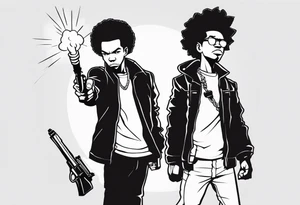 huey and riley from the boondocks, cartoon tv, huey holding a torch with his fist up and riley holding a gun tattoo idea