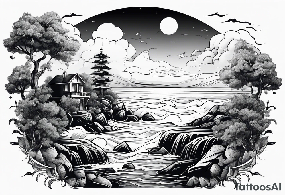 Sea view with rocks, trees, people and homes tattoo idea