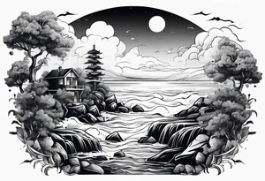 Sea view with rocks, trees, people and homes tattoo idea