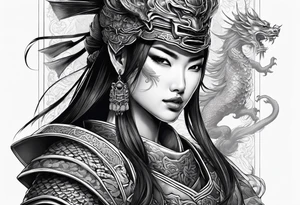 full body female warrior in samurai clothing half covering her face with a mask and twin dragons tattoo idea