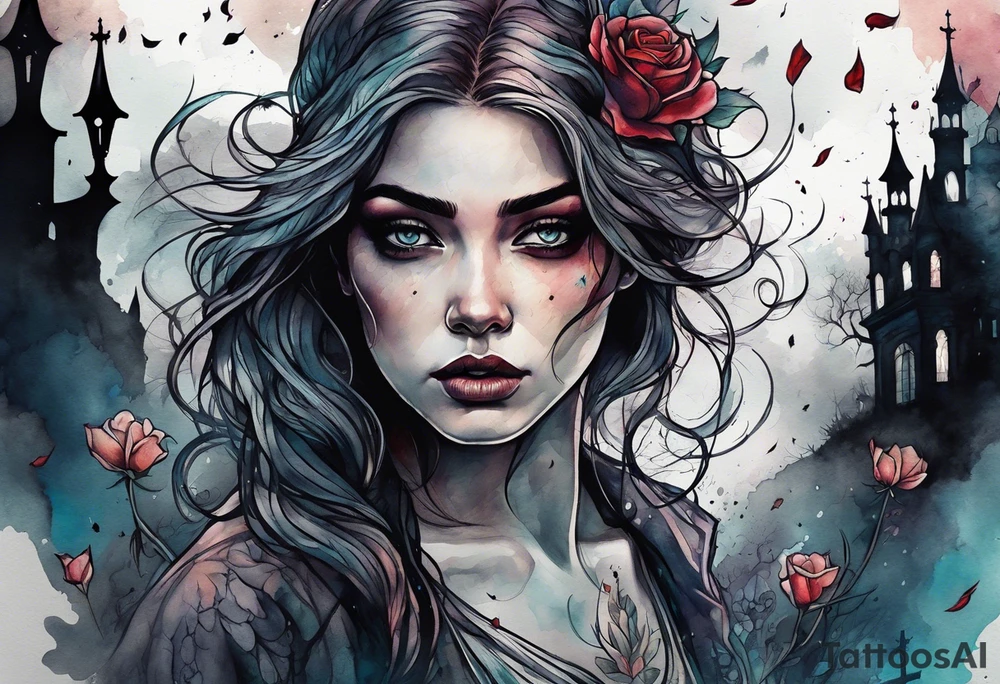 Woman with a tear running down her face walking out of a graveyard  leaving her old terrifying, scary, violent past behind her ethereal and mysterious tattoo idea