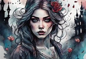 Woman with a tear running down her face walking out of a graveyard  leaving her old terrifying, scary, violent past behind her ethereal and mysterious tattoo idea