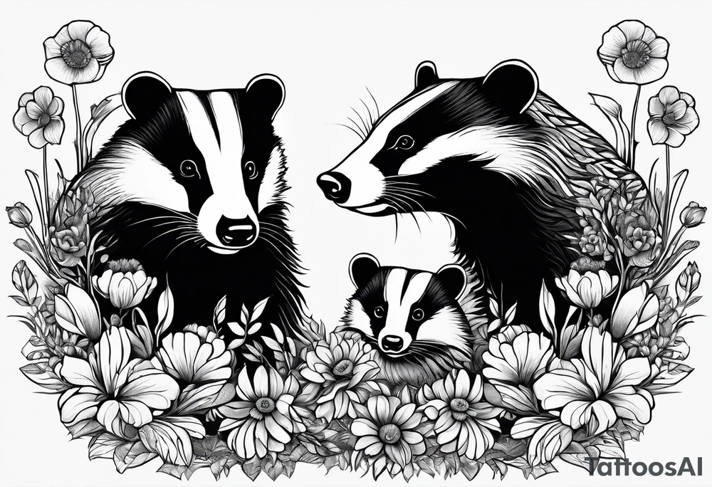 Trippy, pair of badger siblings in a field of flowers tattoo idea