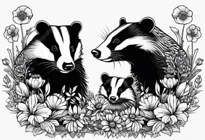 Trippy, pair of badger siblings in a field of flowers tattoo idea