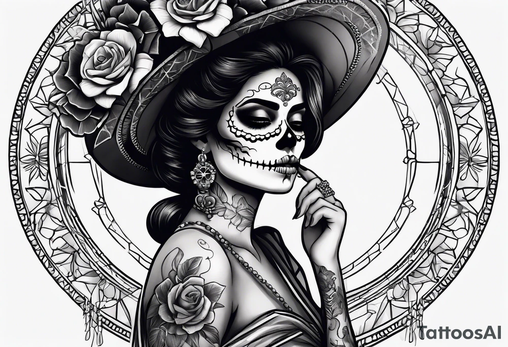 realistic mexican la catrina tattoo, finger on her lip, black hair, skeleton bone tattoo on her hand tattoo idea